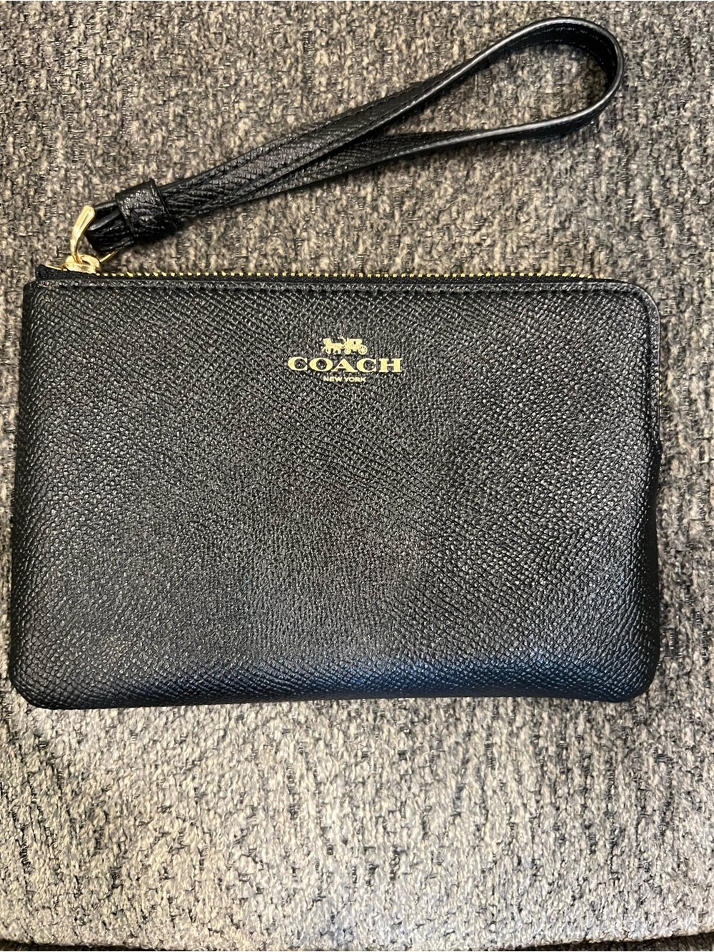 Coach Black Leather Wristlet with Gold Logo